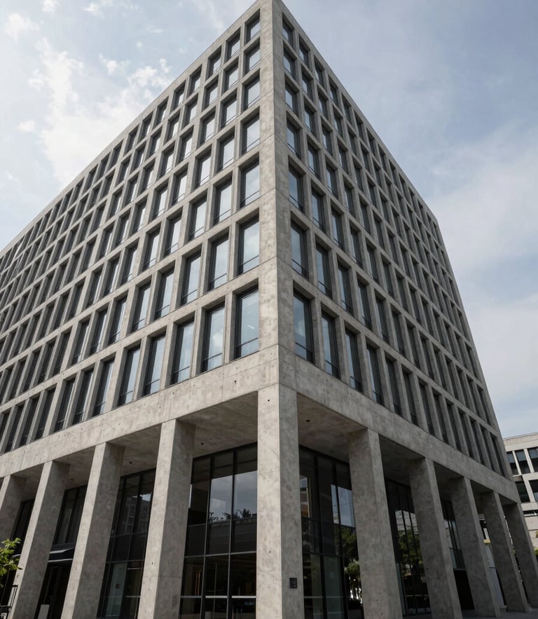 Wide-angle architectural perspective of a modern concrete and steel corporate headquarters, sharp geometric shadows, overcast daylight.