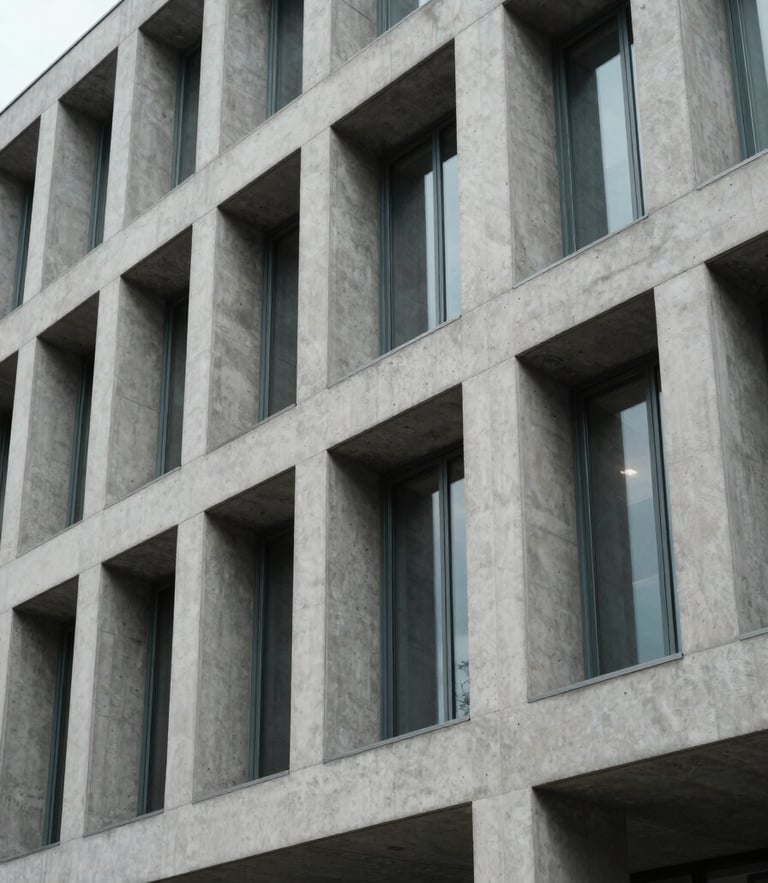 A close-up architectural perspective of a modern concrete and steel building facade under overcast daylight, sharp clean lines, minimal composition.
