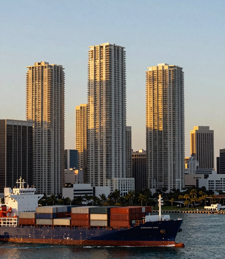 Sleek Miami-metropolitan skyline at golden hour, viewed from a modern deep-water port with container ships in the foreground, premium editorial photography style.