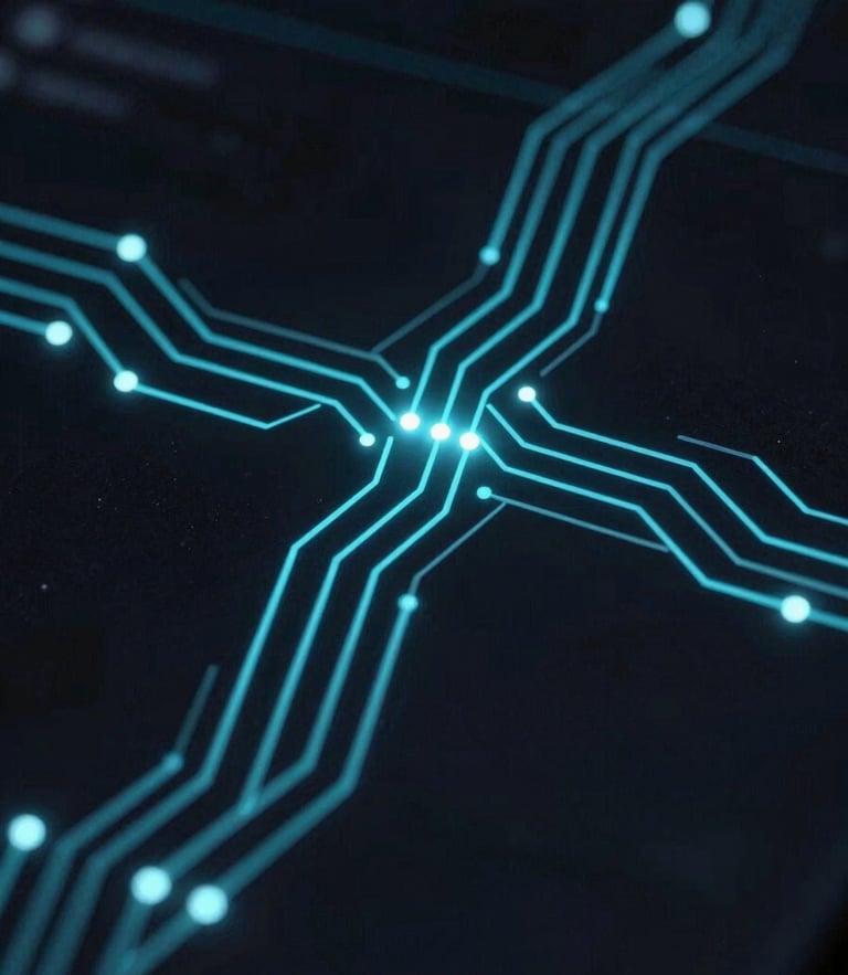 Macro close-up of a complex digital network schematic. Sharp electric cyan vector lines and glowing node points on a deep obsidian background. Low-key, high-contrast digital illumination mimicking a dark-mode IDE interface.