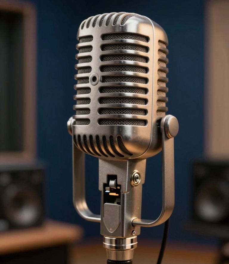 Cinematic close-up of a vintage tube microphone in a moody recording booth, soft gold rim lighting, deep blue shadows, professional studio environment.
