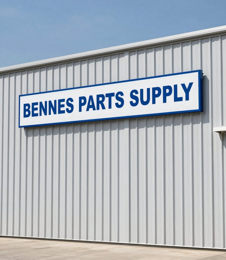 Crisp outdoor shot of the Bennets Parts Supply warehouse exterior, clean industrial metal building with clear signage, bright daylight, Alabama sky