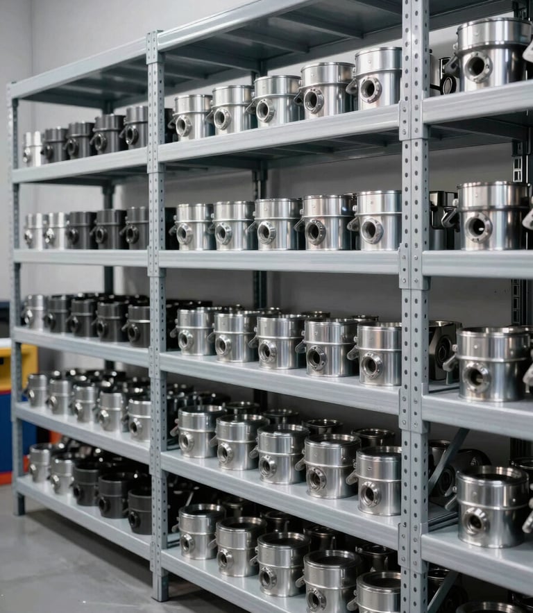 Crisp wide-angle shot of organized warehouse shelving stacked with heavy-duty metallic automotive parts, bright natural light, sharp focus, 50mm lens