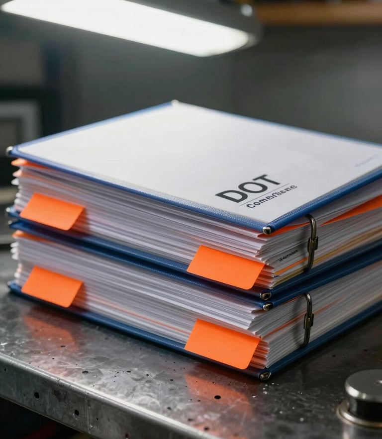 Tight macro shot of an organized DOT compliance binder with safety orange tabs on a metal workbench, harsh overhead garage lighting.