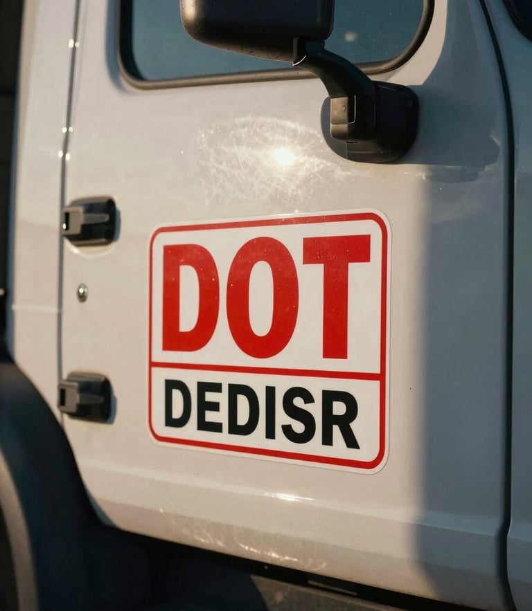 Tight macro shot of a truck cab door with official DOT decals in early morning light, high contrast, deep shadows.