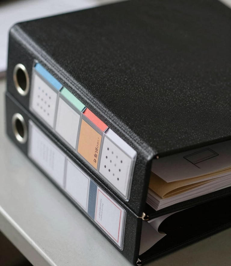 Macro shot of an organized black DOT compliance binder with labeled tabs on a metal desk under natural daylight.