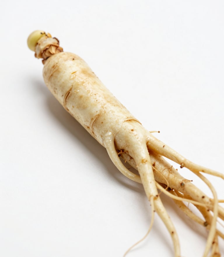 Macro close-up of fresh green ginseng roots on a clean clinical white surface, bright natural daylight, crisp botanical photography