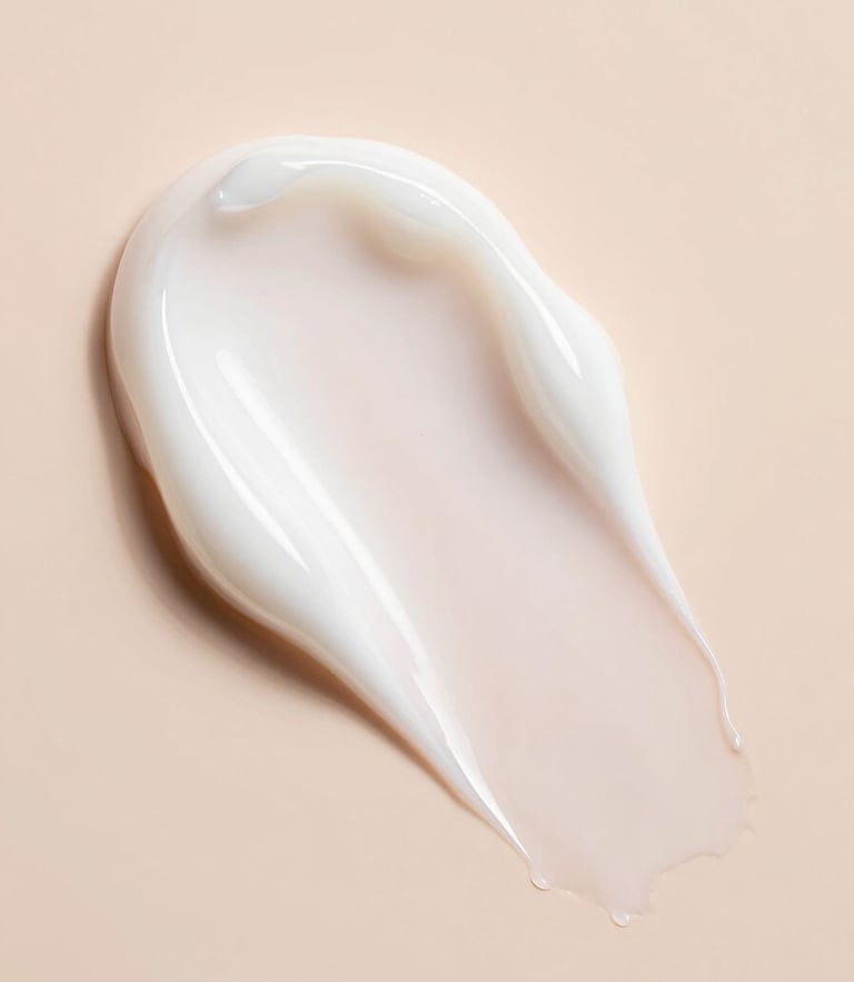 Macro texture shot of a smooth, milky white cream swatch on a soft peach background, diffused high-key morning light, high-end K-beauty aesthetic