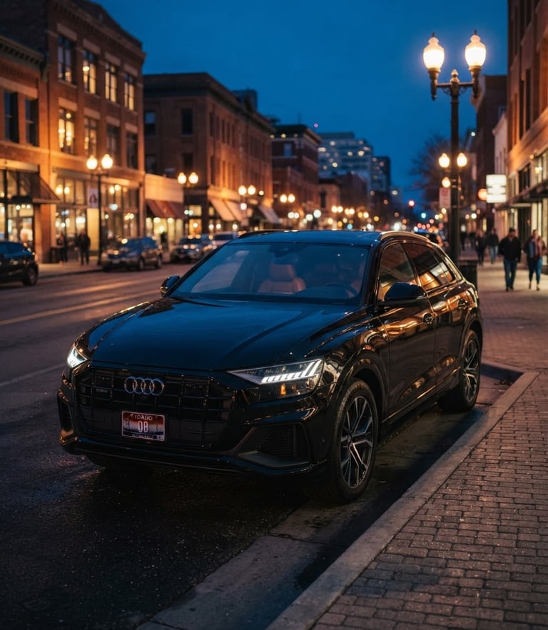 Cinematic editorial photography of a clean black premium SUV parked in downtown Boise at twilight, warm streetlights reflecting on the polished paint, shallow depth of field, 35mm.