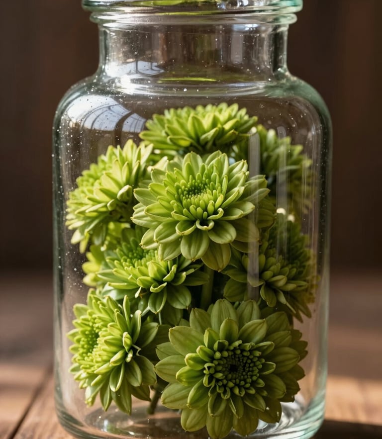 Macro shot of clean, well-trimmed green flower inside a heavy glass apothecary jar, warm afternoon light filtering through, soft shadows, dark wood background.