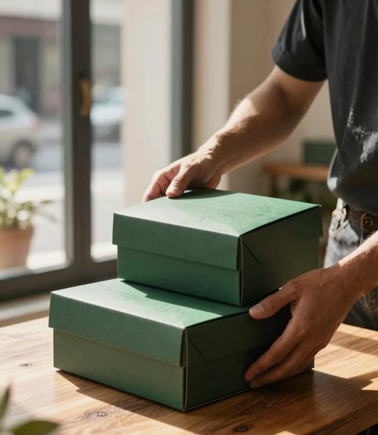 Warm natural afternoon light filtering through storefront windows, hands carefully packaging a delivery order in an elegant forest green box on a wooden table.