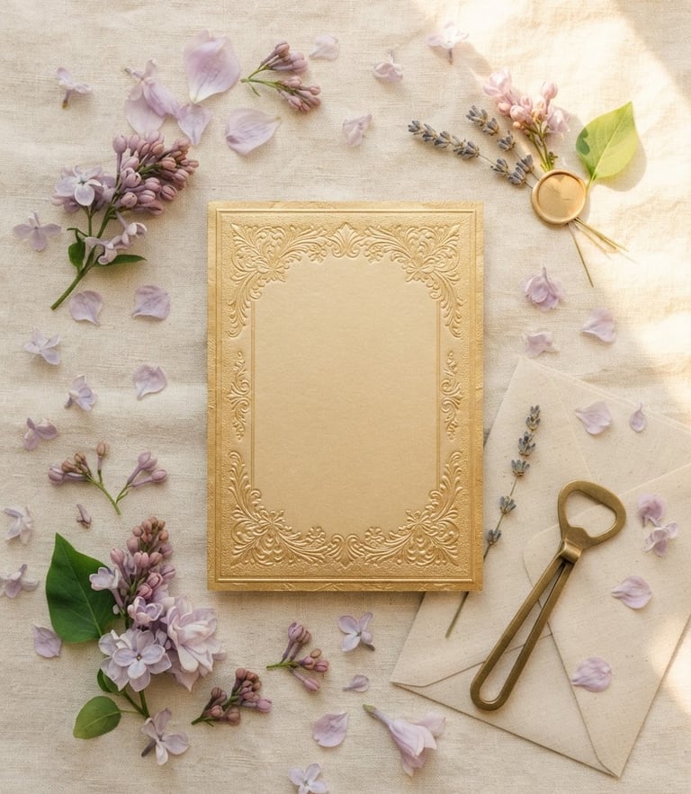 An elegant flat-lay of a golden wedding invitation on cream linen, surrounded by soft lilac petals and warm golden-hour window light.