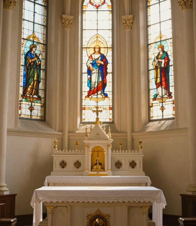 Interior of Corpus Christi Church, warm sunlight streaming through stained glass windows, soft focus on the altar, elegant and sacred atmosphere