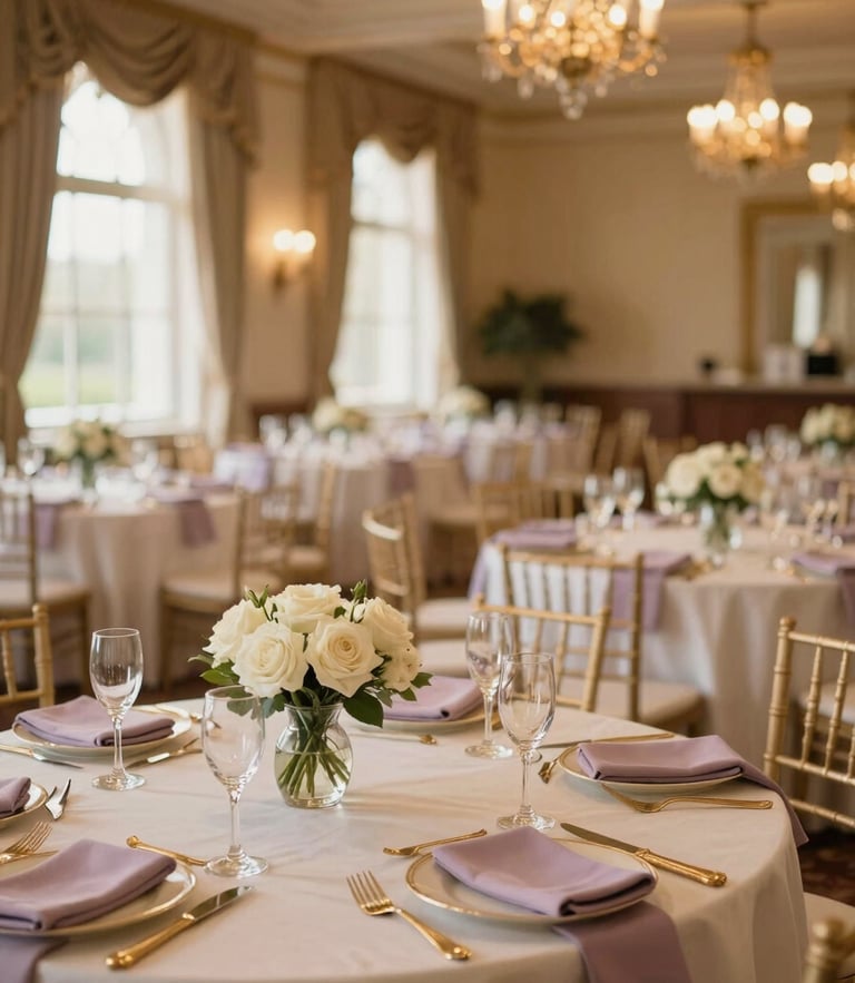 Grand ballroom at The Westgate Hotel, elegant tables set with gold cutlery, white roses, and soft lilac napkins, warm chandelier lighting