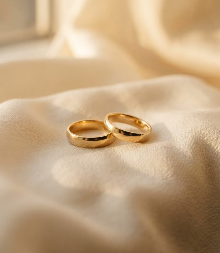 Close-up of elegant gold wedding bands on a soft ivory silk fabric, warm golden-hour window light, shallow depth of field