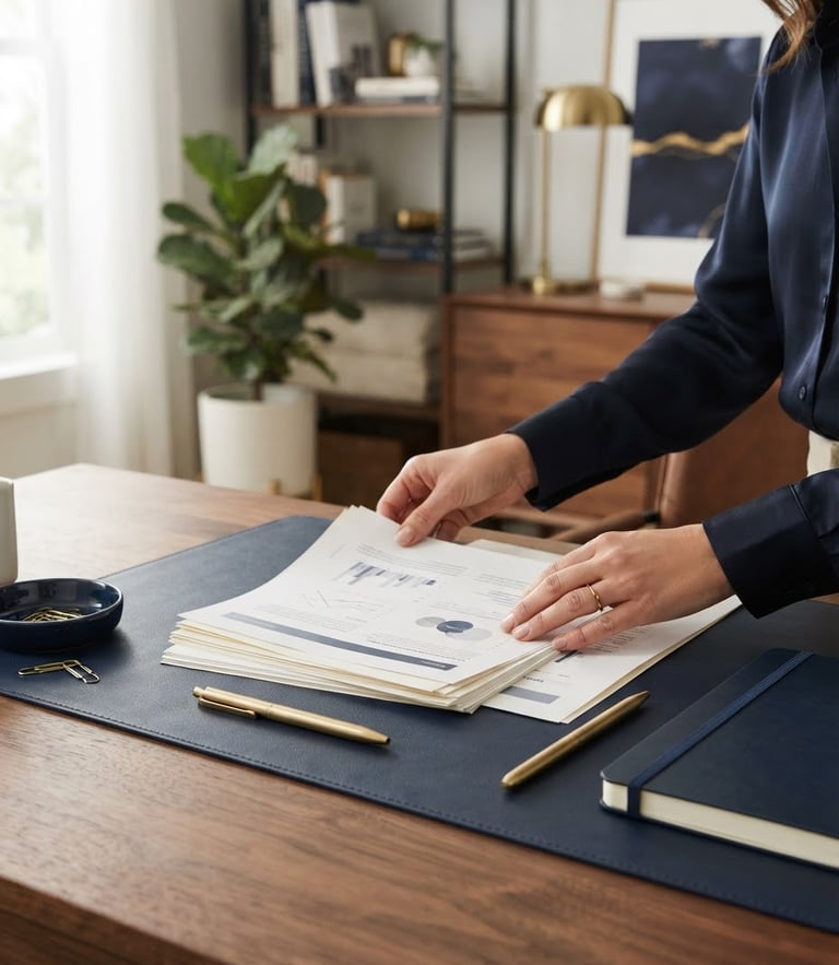 Elegant editorial photography of clean professional workspace, hands organizing crisp documents on a wooden desk, soft natural daylight, deep navy tones