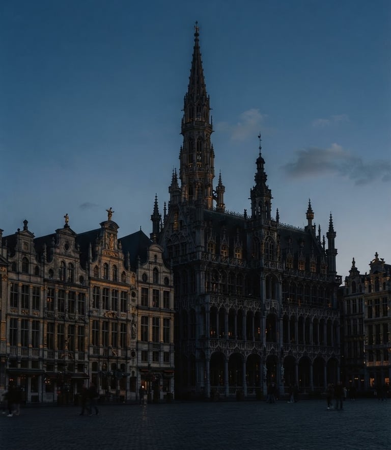Elegant editorial photography of the iconic Brussels Grand-Place architecture silhouette, soft natural daylight, deep navy and muted gold tones, clean professional composition, 35mm
