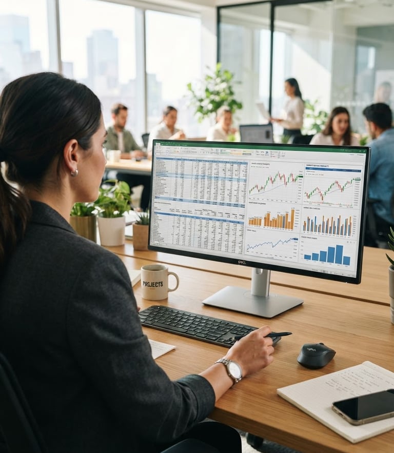 Over-the-shoulder shot of a project manager analyzing financial spreadsheets and market charts on a high-resolution screen in a modern, sunlit collaborative office, shallow depth of field, 35mm
