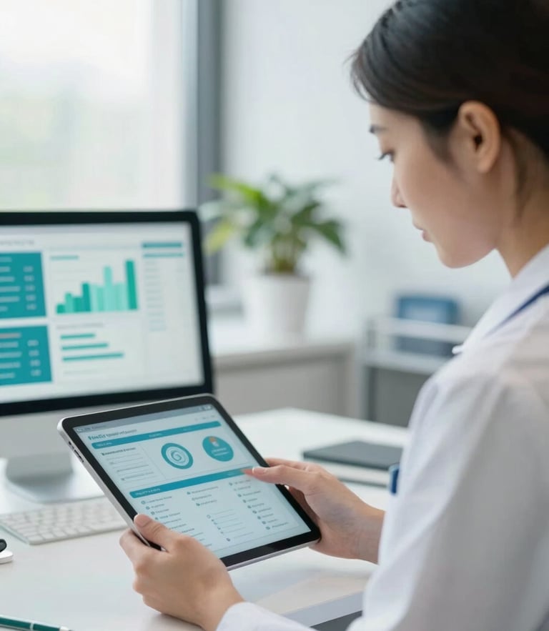 A professional practice manager in a bright, daylight-filled clinical office, reviewing clean digital dashboards on a tablet, soft blue and green tones, depth of field.
