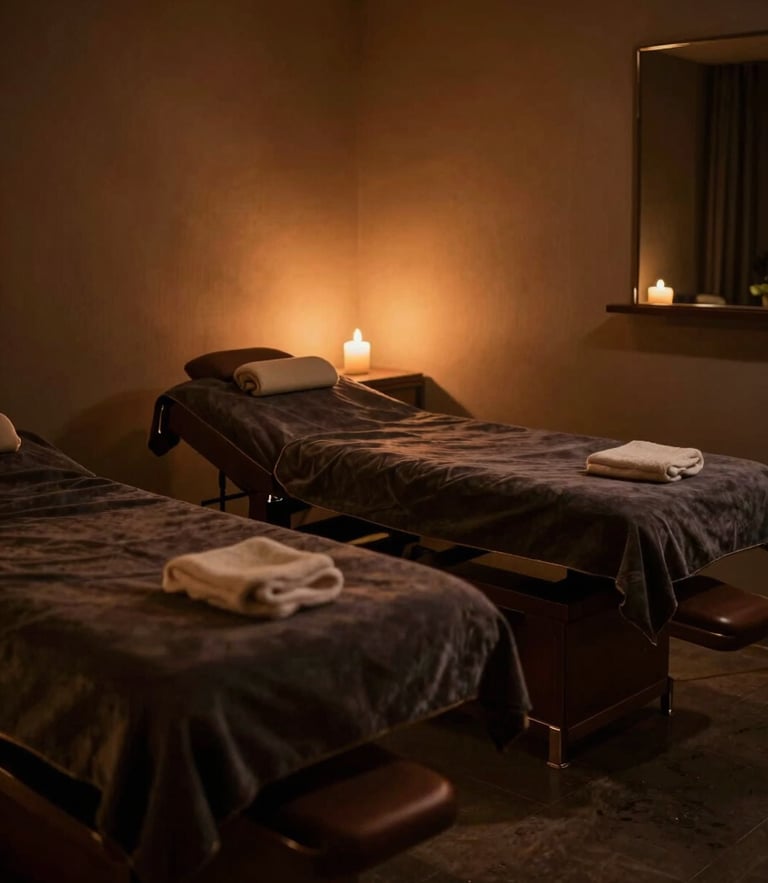 Dimly lit elegant treatment room at Moksha Spa Gurugram, warm ambient candlelight, soft shadows, low-key luxury atmosphere, 35mm photography
