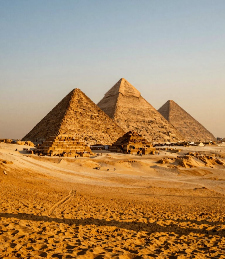 Wide cinematic shot of the Pyramids of Giza during golden hour, warm orange sunlight casting long shadows across the desert sand, sharp focus, 35mm composition.