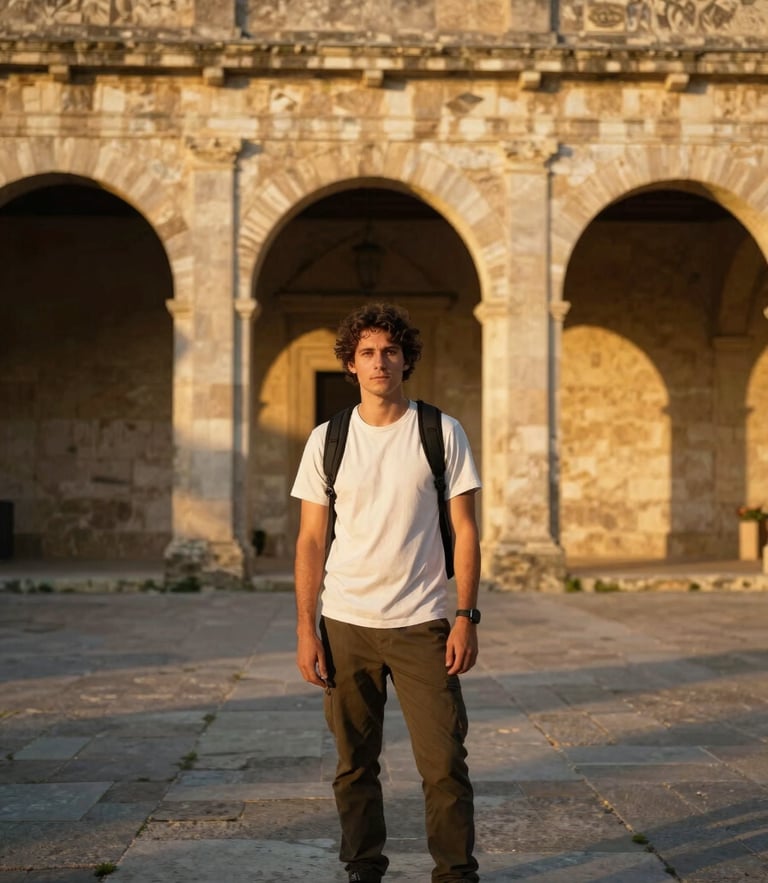 Cinematic portrait of a local guide standing before the ancient stone arches of a historic European courtyard, golden hour light, 35mm photography.