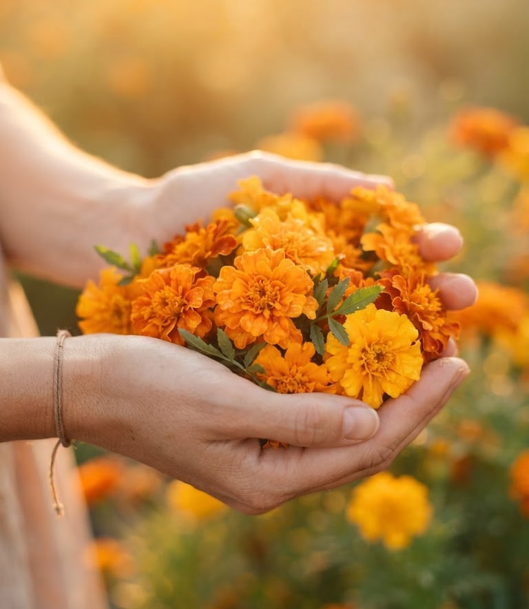 Serene close-up of hands gently holding marigold flowers, soft golden hour light, peaceful and sacred atmosphere