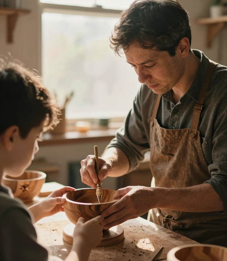 A candid medium-close shot of a mentor guiding a student's hands as they carve a wooden bowl, warm golden-hour light streaming through a workshop window, 35mm photography