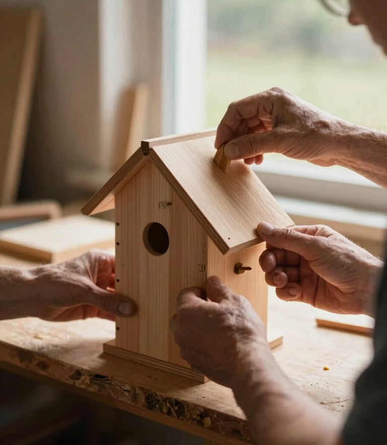 A close-up of hands of different generations working together, assembling a simple wooden birdhouse with natural sunlight streaming through a workshop window, warm editorial photography, 35mm