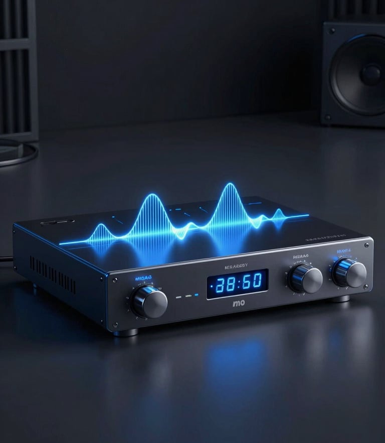 Sleek digital audio interface showing glowing electric-blue waveforms, dark-room studio setting, high-contrast glassmorphism render.
