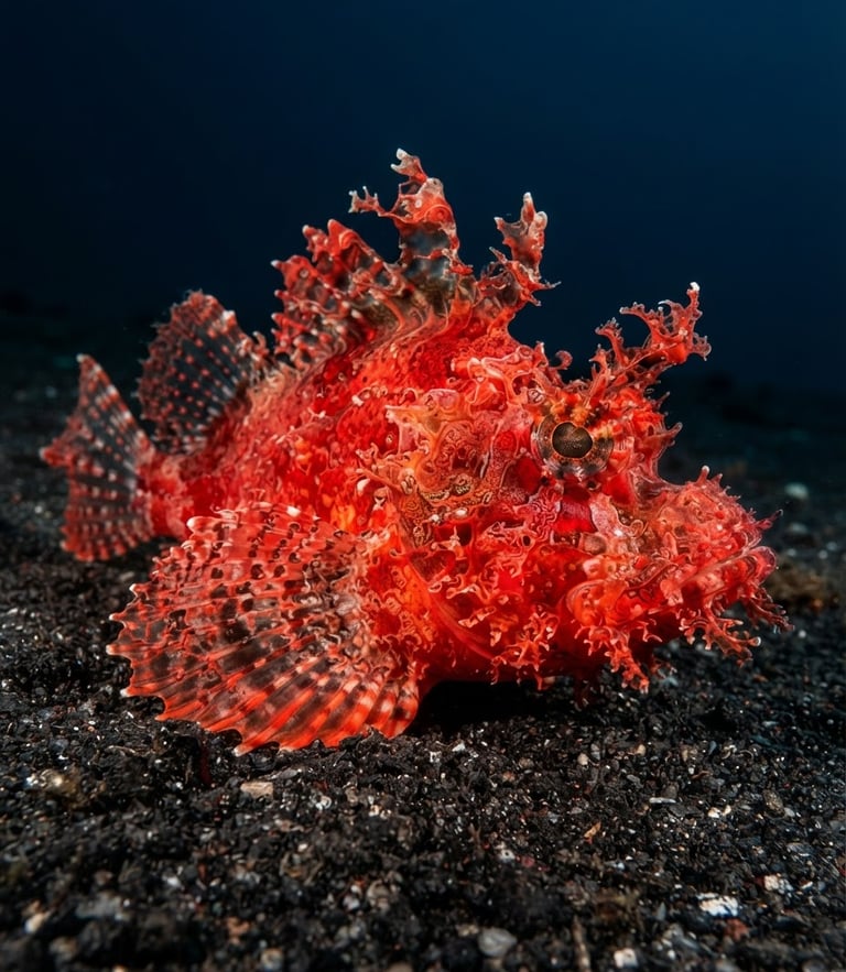 Ultra-detailed macro photo of a bright red Rhinopias on dark volcanic sand, sharp focus, high-contrast strobe lighting, deep blue ocean water background