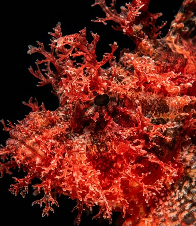 Extreme close-up macro shot of a bright red Rhinopias frondosa fish, razor-sharp focus on its weed-like tentacles, pitch-black deep sea background, high-contrast strobe lighting, 35mm