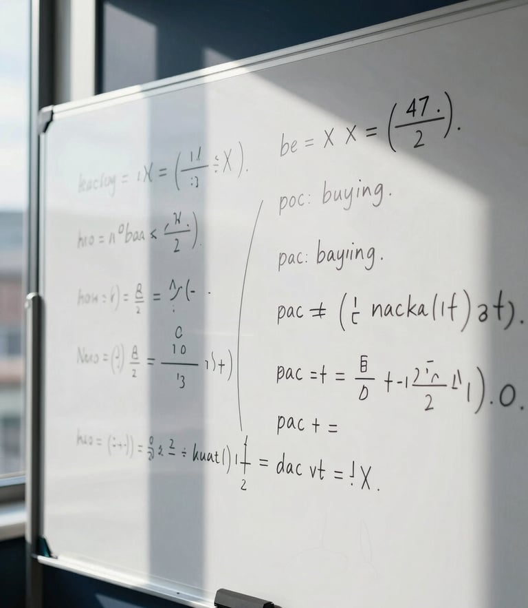 Moody editorial close-up of a physical whiteboard in a Manchester office, filled with handwritten mathematical equations and media buying formulas, directional window light, sharp focus