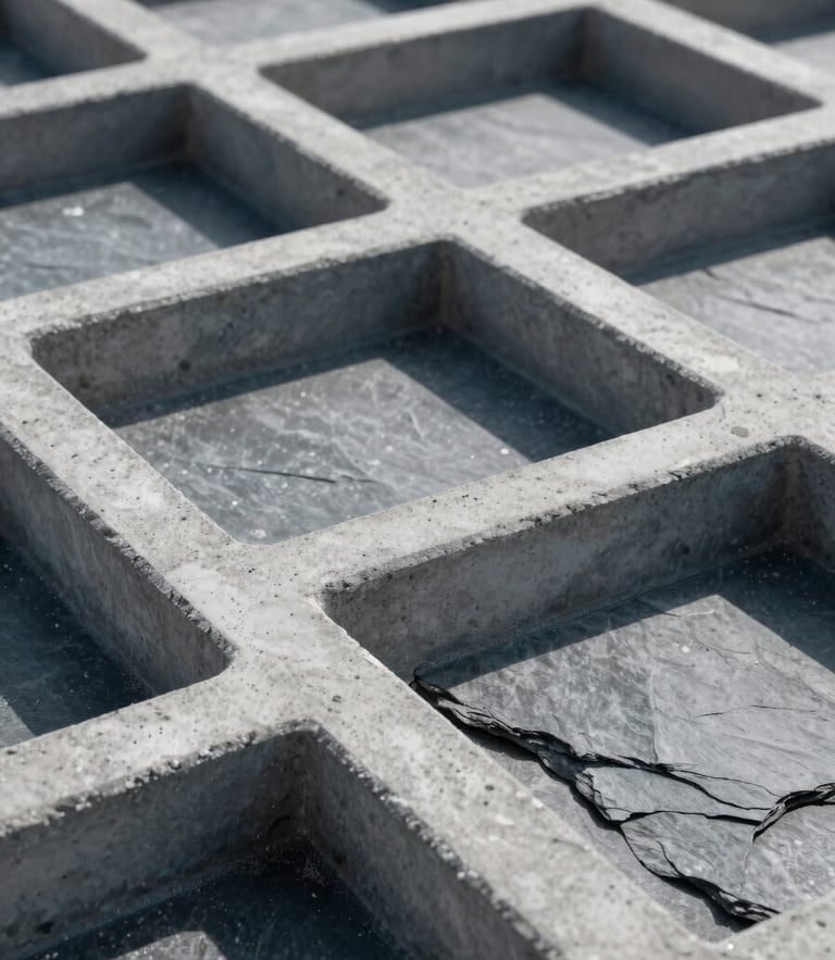 A high-contrast macro photograph of architectural concrete grid lines under cool daylight, clean geometric shadows, slate textures, professional and structured.