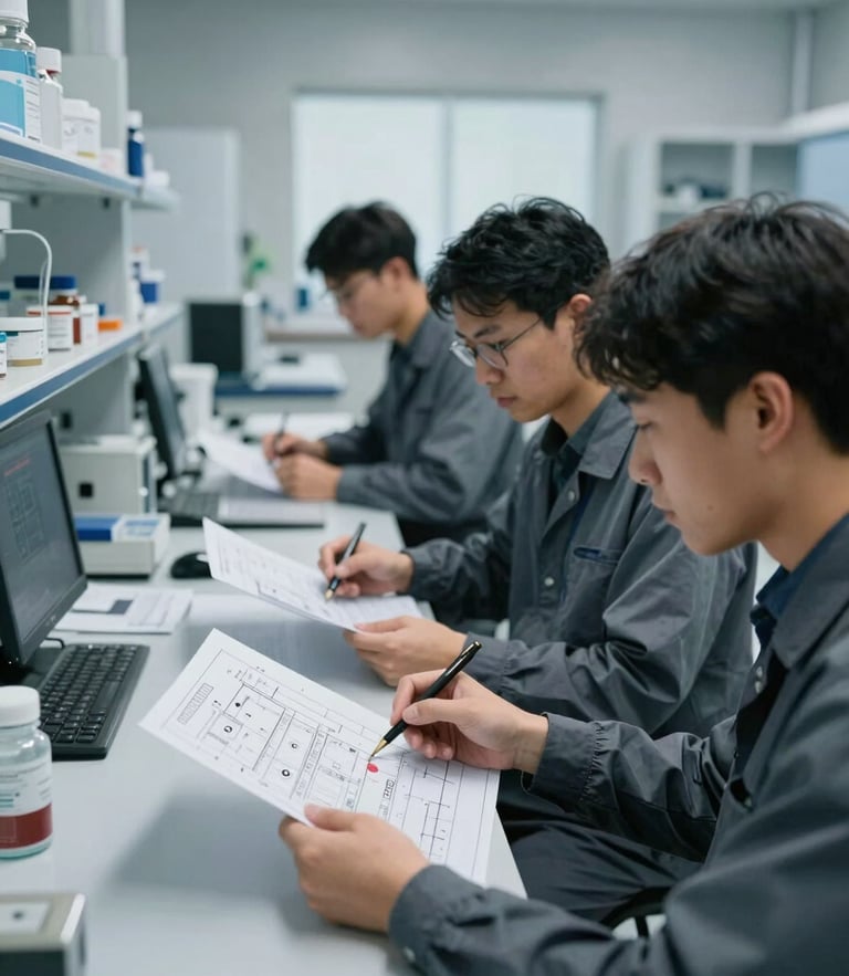 Candid, focused professionals analyzing technical schematics in a modern, slate-grey analytical laboratory, cool crisp daylight, sharp analytical environment.
