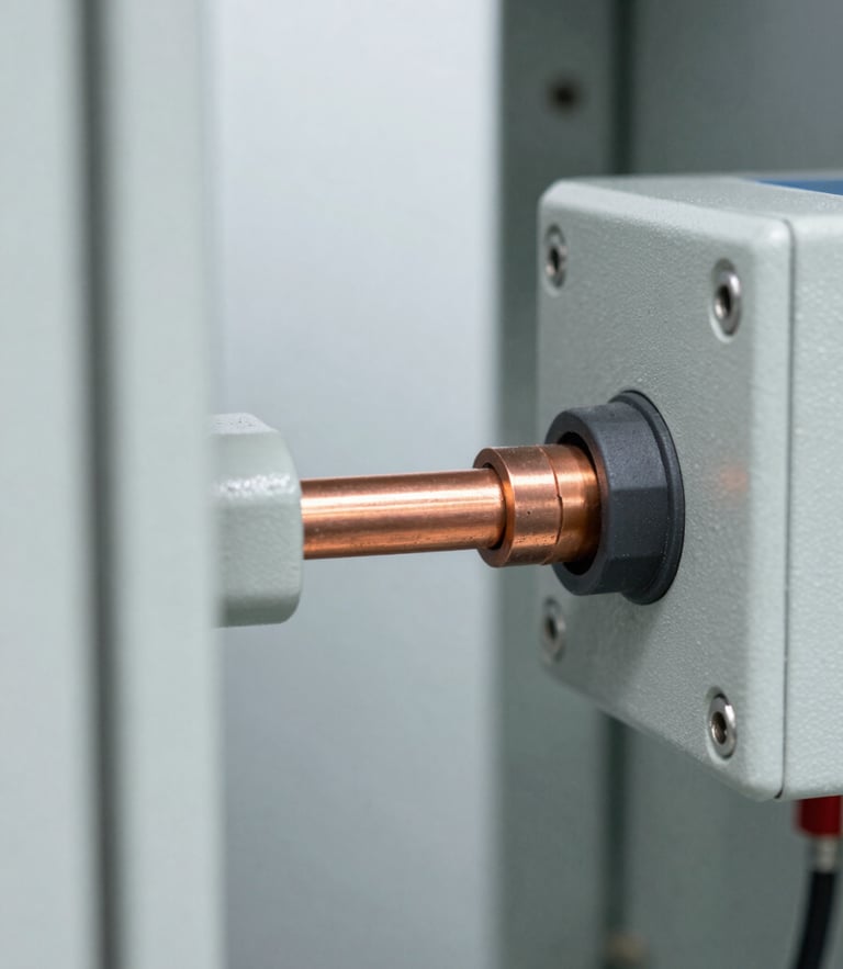 Macro shot of a copper busbar connection inside a switchgear cabinet, clean technical details, high-key industrial studio lighting, sharp focus