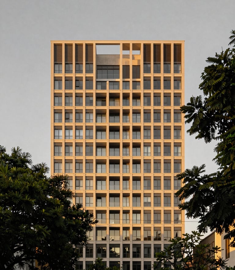Architectural perspective of a luxury building facade in Vila Nova Conceição, framed by lush green trees, soft golden hour twilight, medium format lens, minimalist composition.