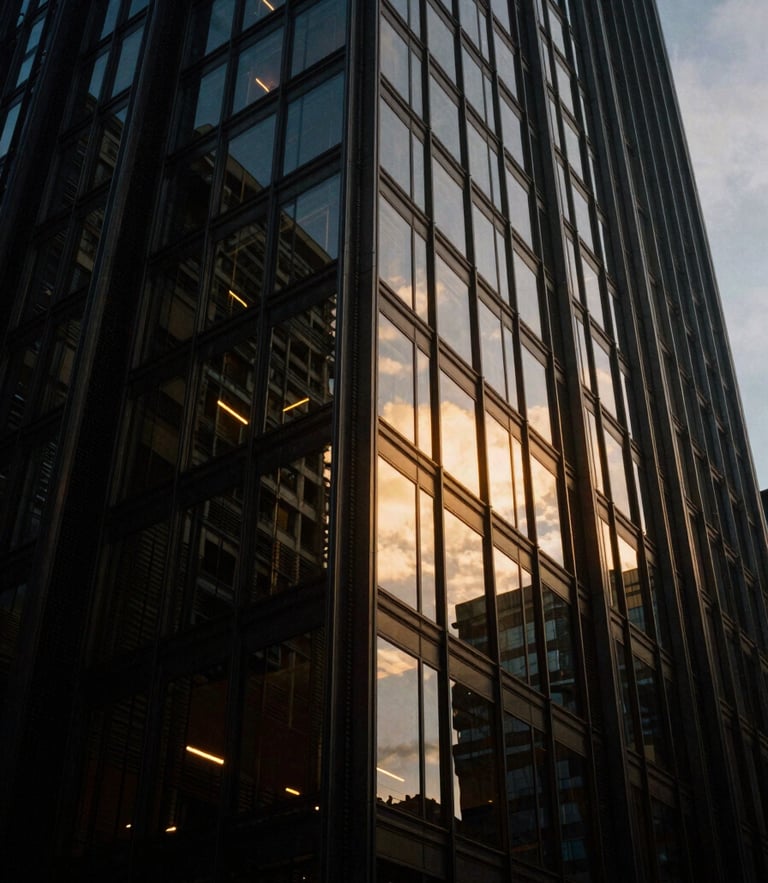 Low-angle dramatic architectural shot of a modern glass skyscraper reflecting twilight sky, sharp gold accents, deep shadows, 35mm film aesthetic