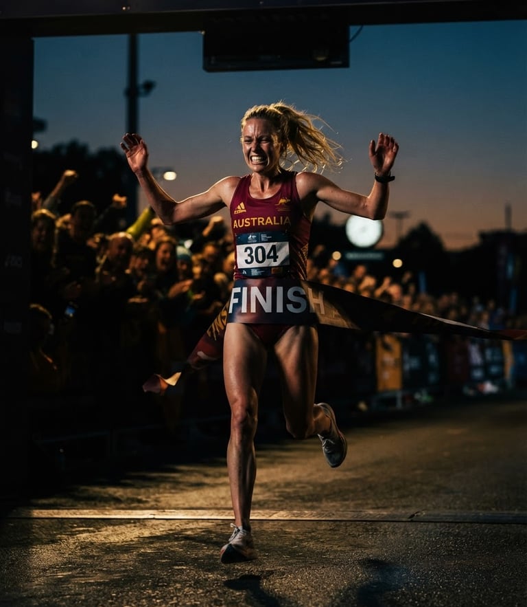 Dramatic low-key action shot of an Australian marathon runner crossing the finish line at dusk, high-contrast chiaroscuro, golden hour highlights, deep crimson tones, 35mm lens.