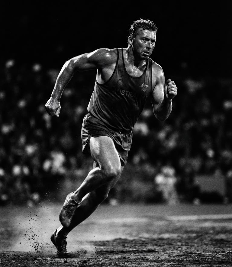 Dramatic black and white portrait of a legendary Australian athlete, high-contrast chiaroscuro lighting, deep shadows, gold dust highlights, 35mm lens.