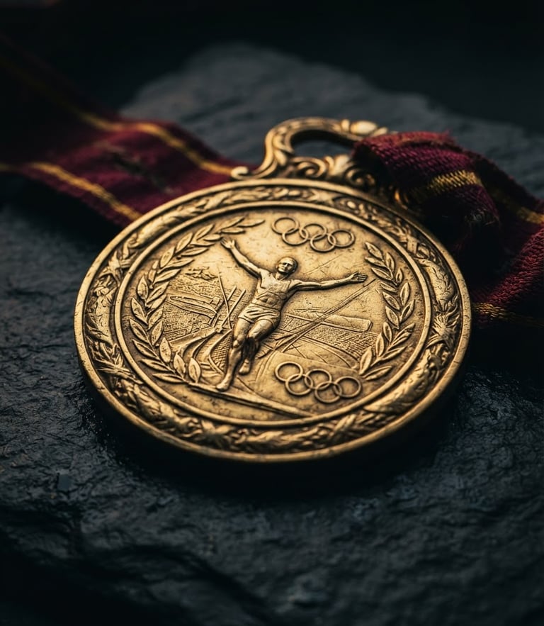 Dramatic close-up of an official gold medal with intricate engravings, resting on dark slate under sharp golden hour light, shallow depth of field.
