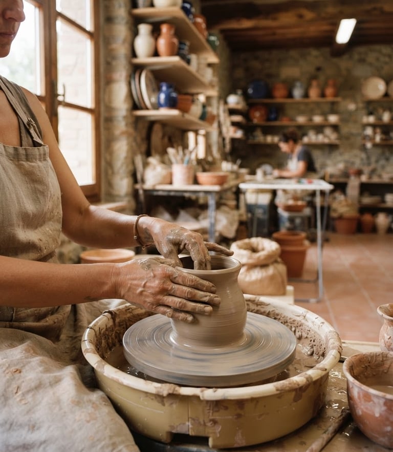 Warm daylight photo of a modern Italian ceramic workshop, an artisan's hands shaping clay on a wheel in the foreground, soft natural window light
