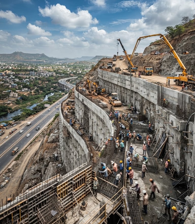 Dramatic wide-angle construction site of a massive highway retaining wall in India, high-contrast daylight, technical engineering focus.