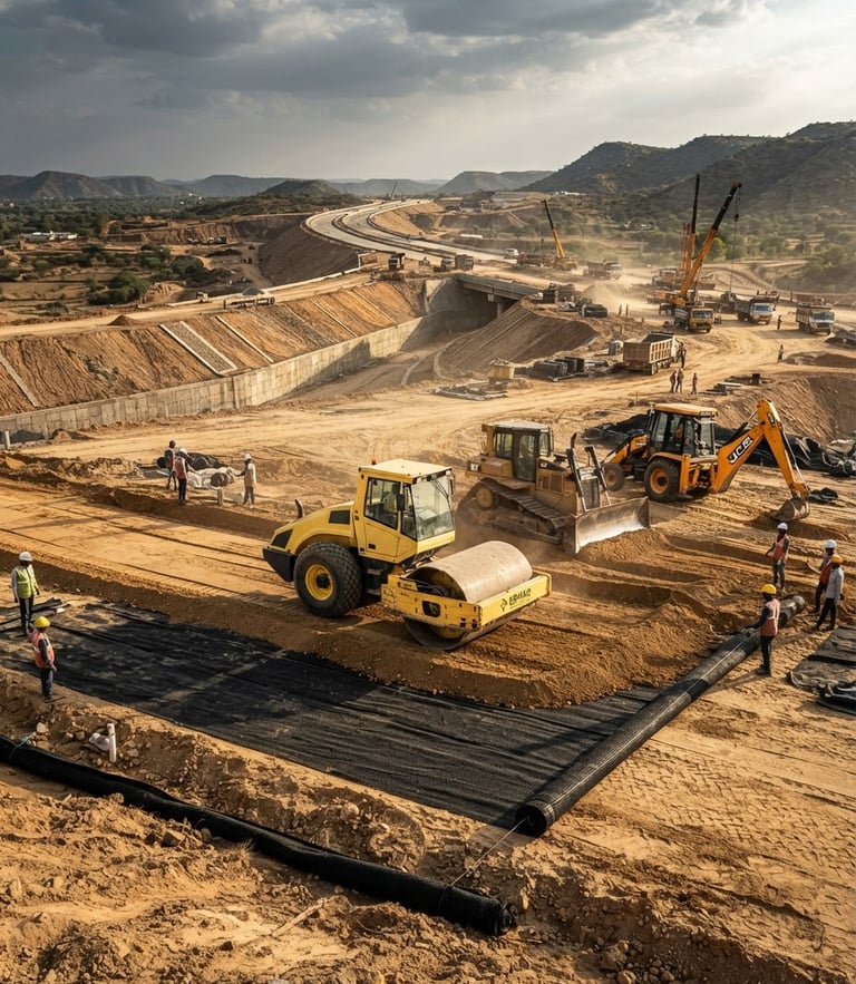 Wide-angle architectural shot of a massive highway construction site in India, heavy machinery compacting subgrade soil over high-tensile geotextile layers, dramatic daylight, high-contrast industrial tones.
