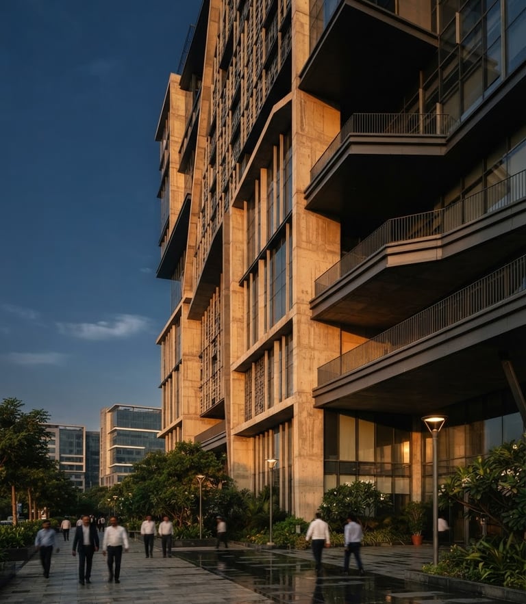 A clean, architectural perspective of a modern Hyderabad business hub with sharp lines and warm golden-hour light hitting the concrete facade.