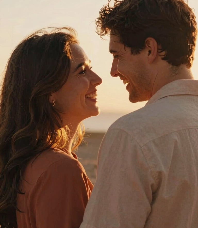 A candid medium shot of a couple laughing together, backlit by warm golden hour sun, soft terracotta tones, intimate framing, 35mm film style.