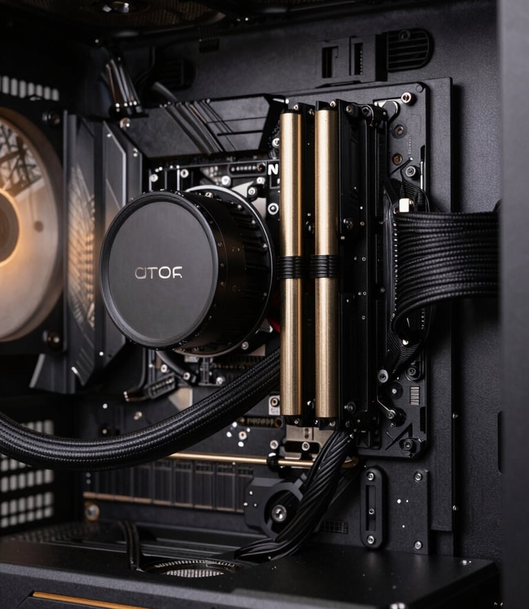 Macro close-up of a high-end custom PC build interior. Matte black components, subtle gold-tinted liquid cooling tubes, and clean cable routing under moody ambient lighting.