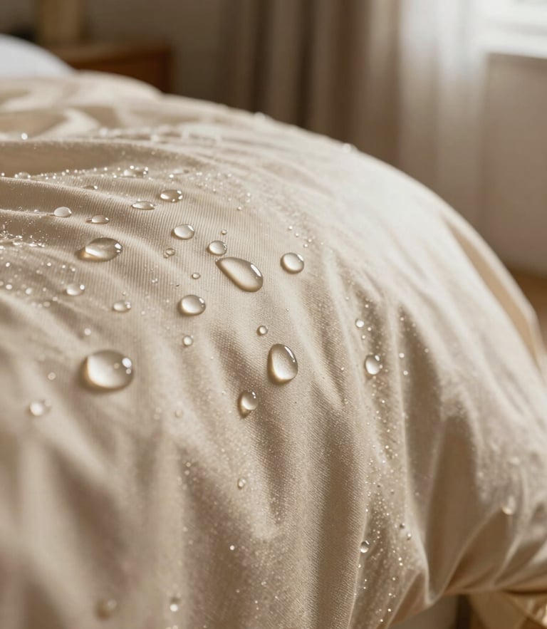 Macro photography of water droplets perfectly beading on premium champagne-gold silk upholstery, soft residential interior lighting, shallow depth of field, luxury editorial style.