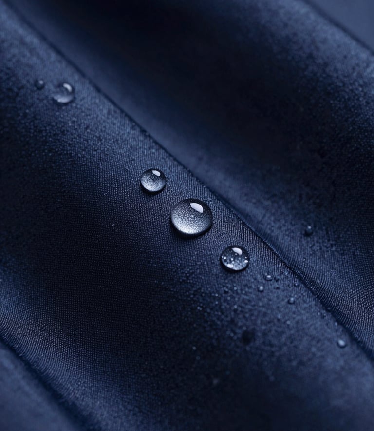 Macro studio shot of water droplets perfectly spherical, beading on raw silk fabric under soft dramatic side lighting, deep navy background.