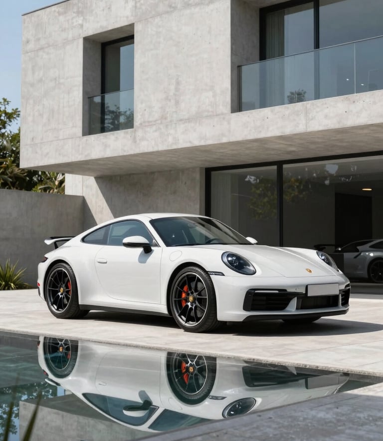 A premium clean Porsche 911 parked in front of a modern concrete architectural home, bright natural daylight, crisp reflections, 35mm lens
